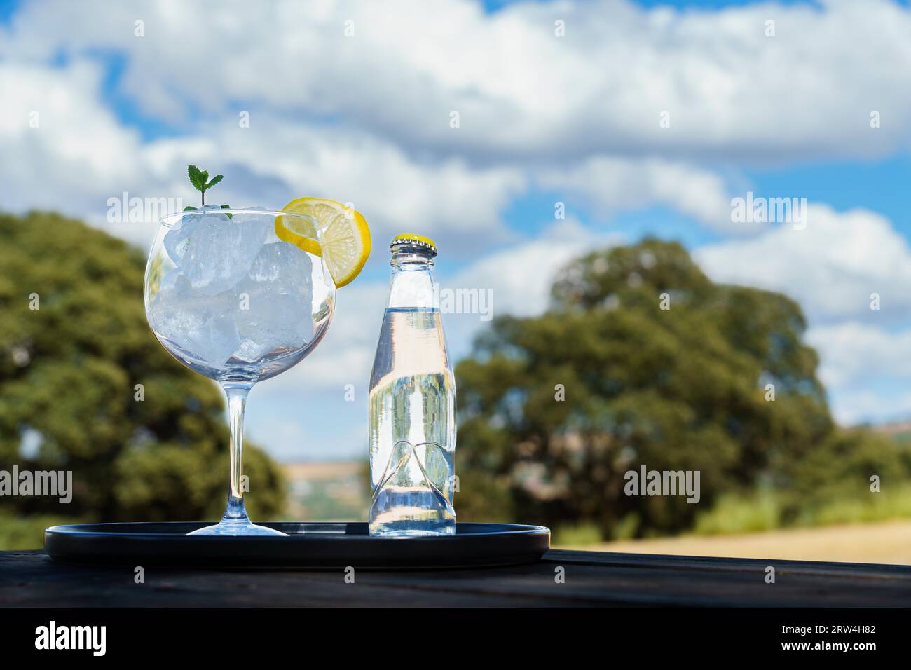 Bottle of tonic with a glass with ice on a black tray and landscape with trees and clouds in the sky out of focus in the background Stock Photo