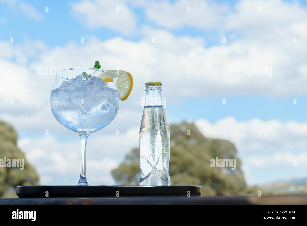 Bottle of tonic with a glass with ice on a black tray and landscape with trees and clouds in the sky out of focus in the background Stock Photo