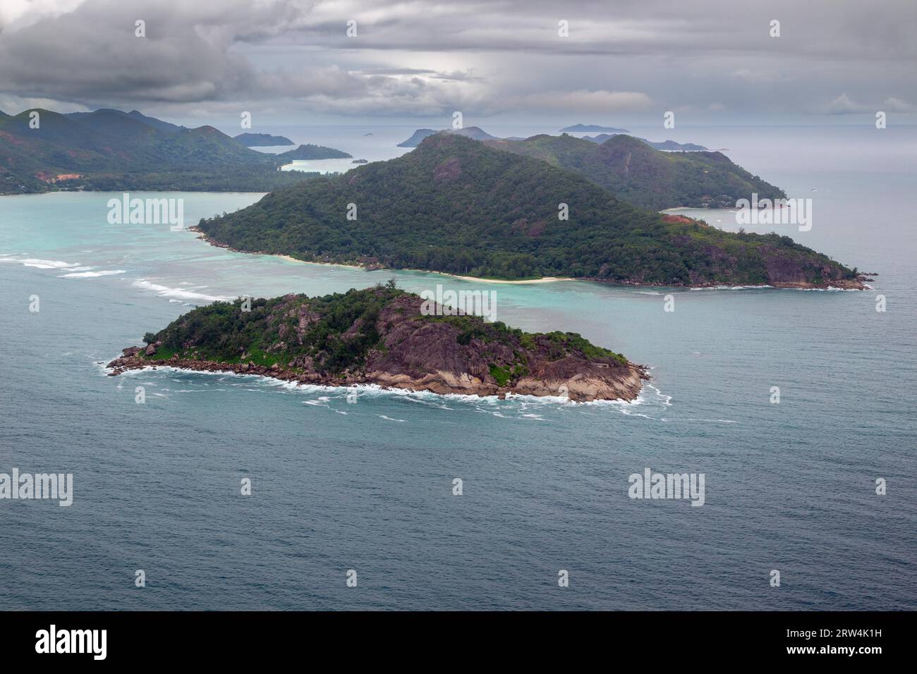 Aerial view of Ile Ronde and Praslin, Seychelles Stock Photo