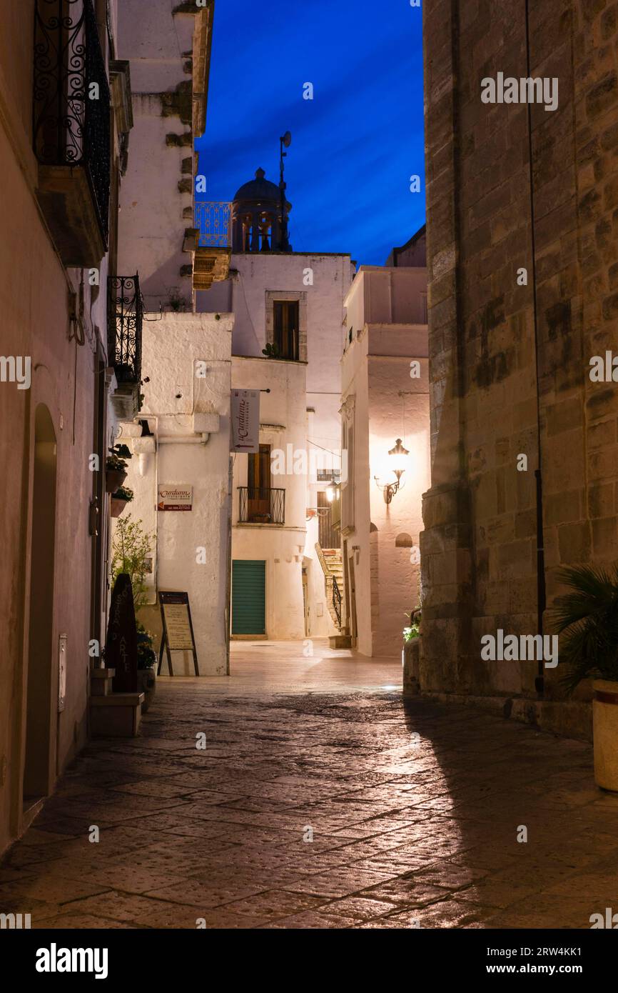 Blue hour, alley, winegrowing town, Locorotondo, Valle d?Itria, Trullo Valley, Apulia, Puglia, Italy Stock Photo