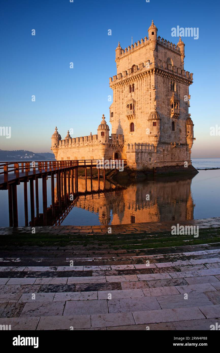 Belem Tower on the Tagus river at sunrise in Lisbon, Portugal Stock Photo