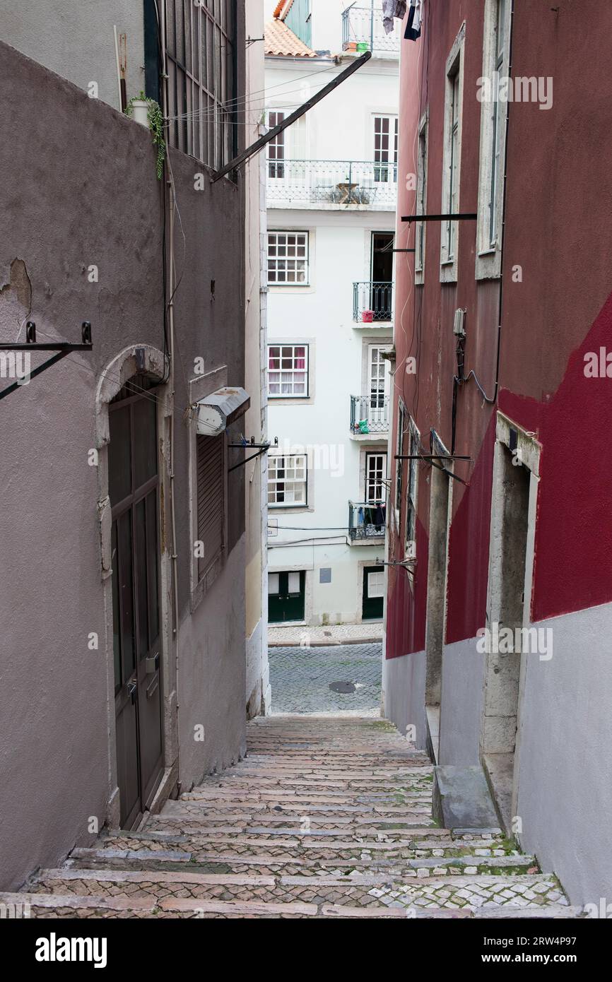 Houses, steps and narrow alleys in Bairro Alto district in Lisbon, Portugal Stock Photo