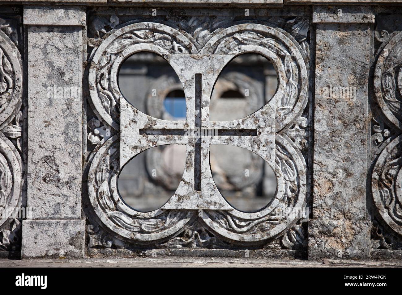 Order of Christ cross, former Knights Templar order, designed within balustrade of the Belem Tower in Lisbon, Portugal Stock Photo