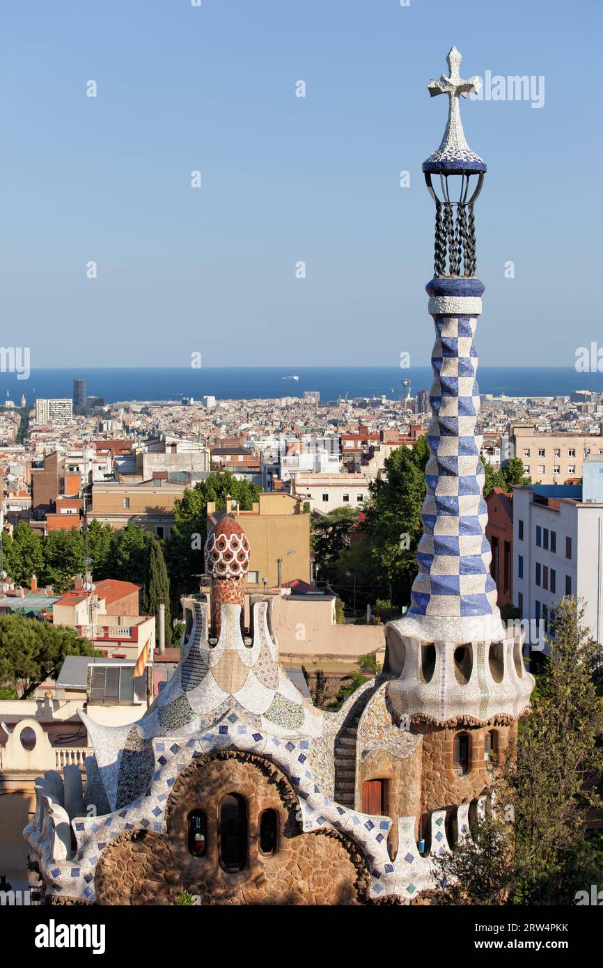 Rooftops and spires of porter's lodge pavilions by Antoni Gaudi in Park Guell, Barcelona, Catalonia, Spain Stock Photo