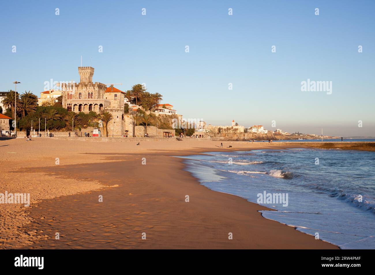 Tamariz Beach overlooked by a castle in resort town of Estoril, near Lisbon in Portugal Stock Photo