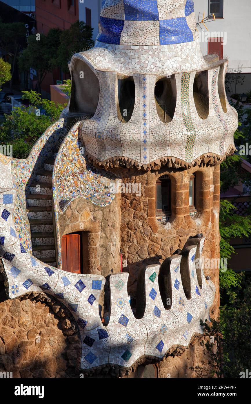 Porter's lodge pavilion by Antoni Gaudi in Park Guell, Barcelona, Catalonia, Spain Stock Photo