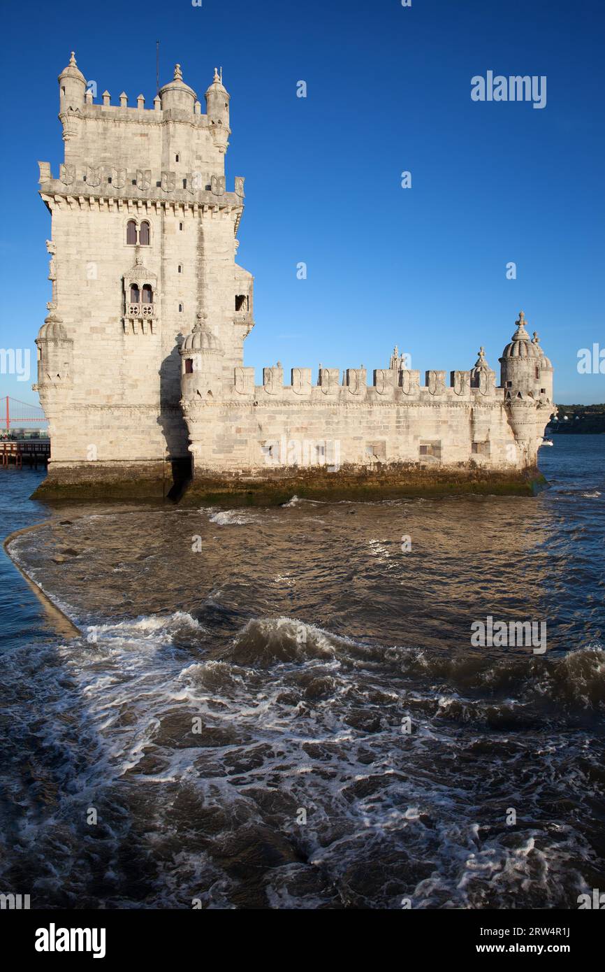 Belem Tower on the Tagus river, famous city landmark in Lisbon, Portugal Stock Photo
