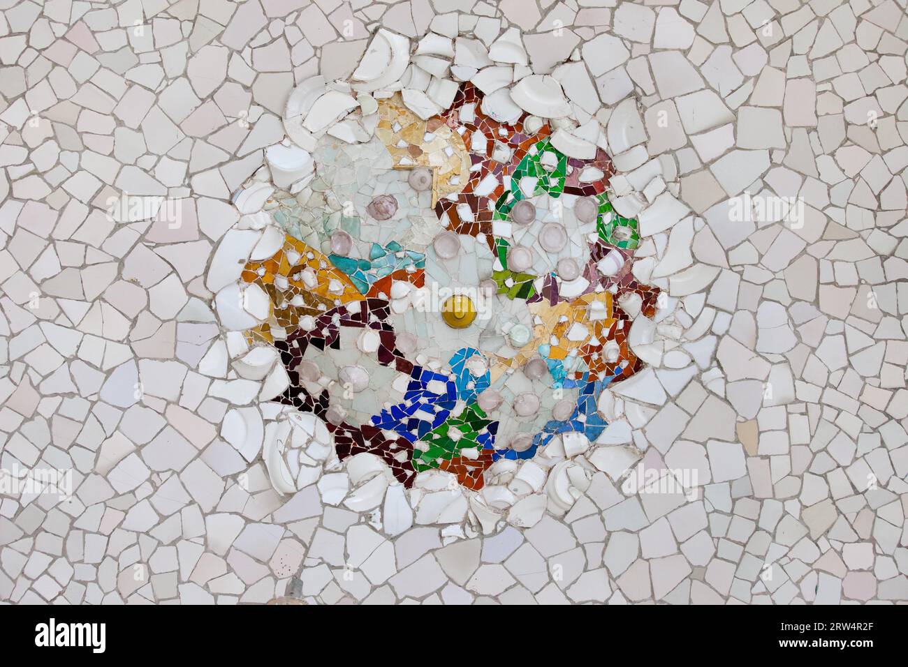 Trencadis mosaic from broken tile shards on the ceiling of Hypostyle Room in Park Guell, Barcelona, Catalonia, Spain Stock Photo