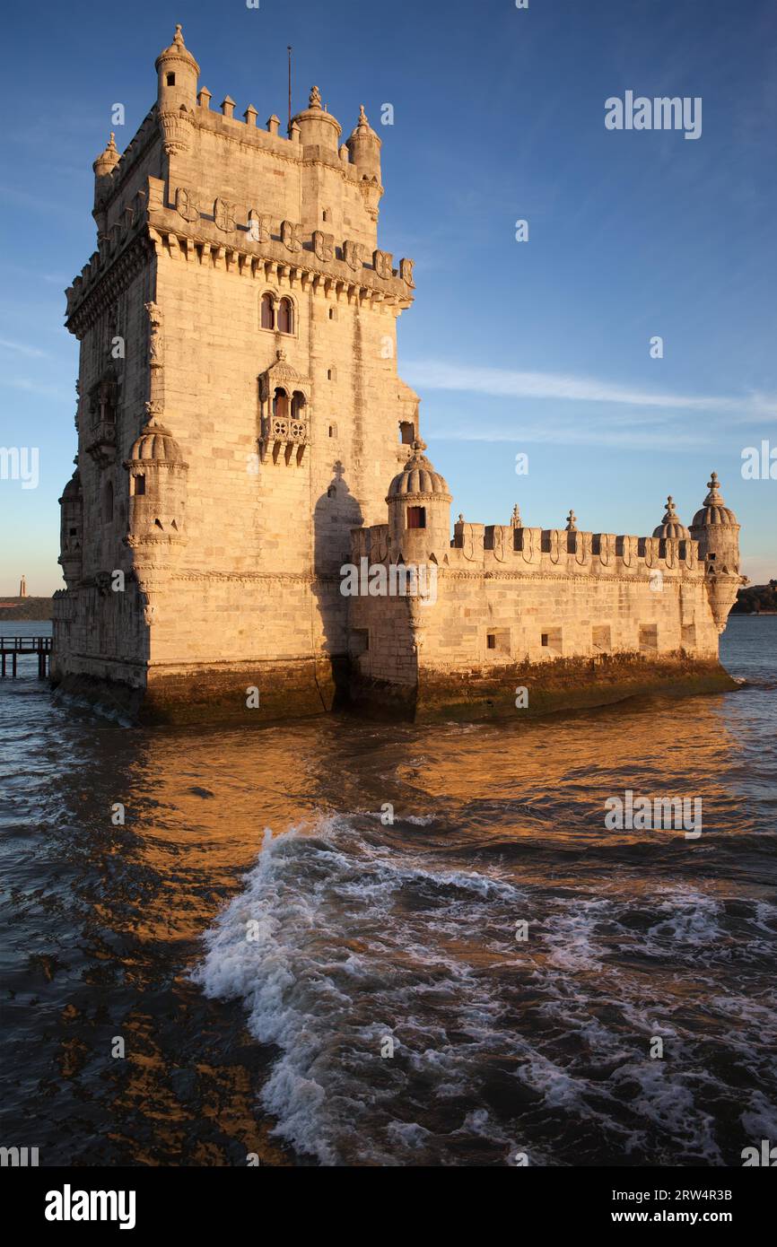 Belem Tower on the Tagus river at sunset in Lisbon, Portugal Stock Photo