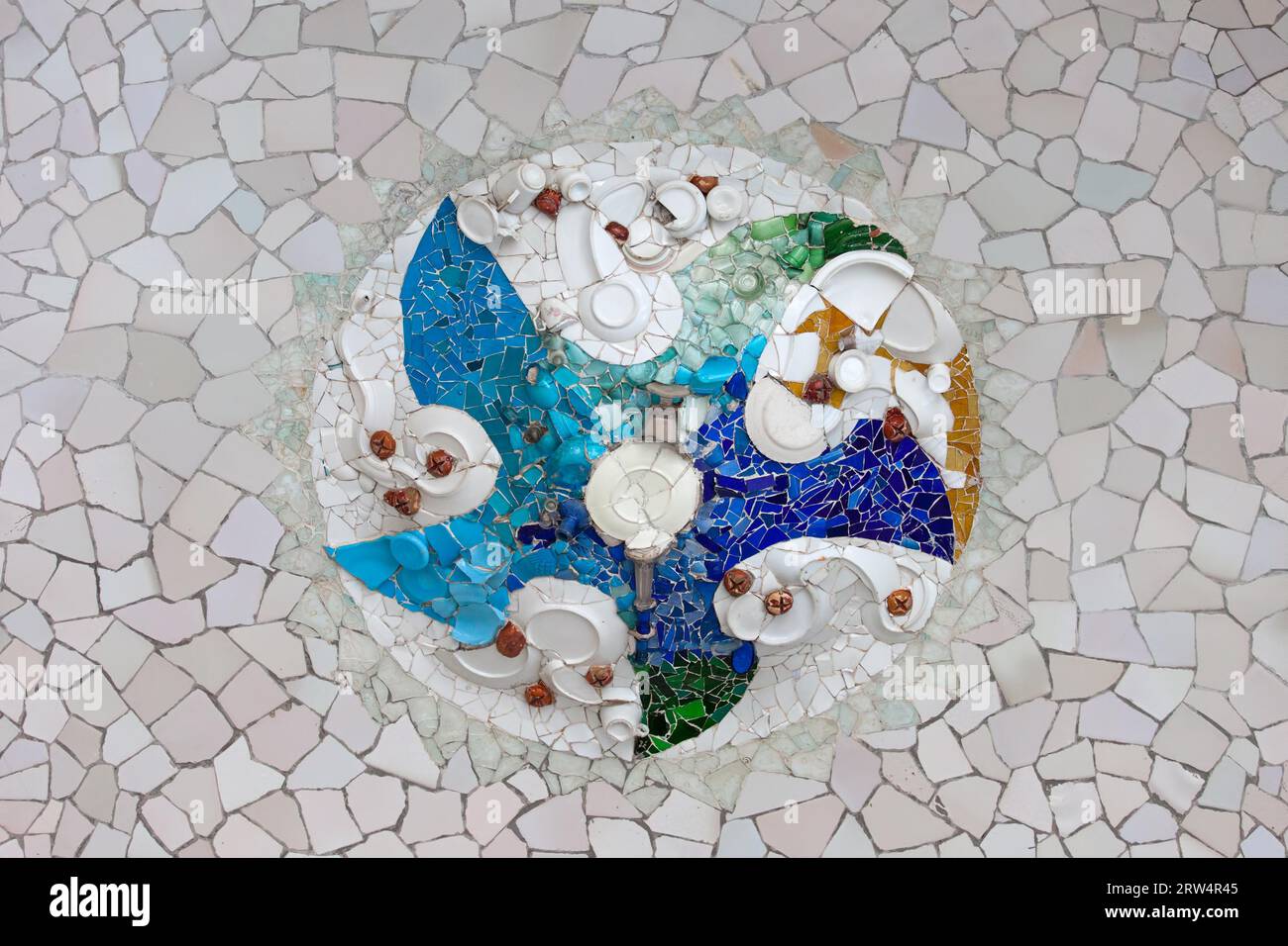 Trencadis mosaic from broken tile shards on the ceiling of Hypostyle Room in Park Guell, Barcelona, Catalonia, Spain Stock Photo