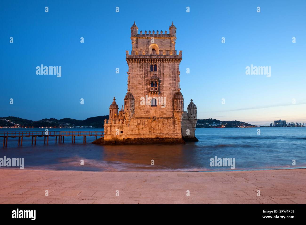 Belem Tower (Portuguese: Torre de Belem) at night in Lisbon, Portugal Stock Photo