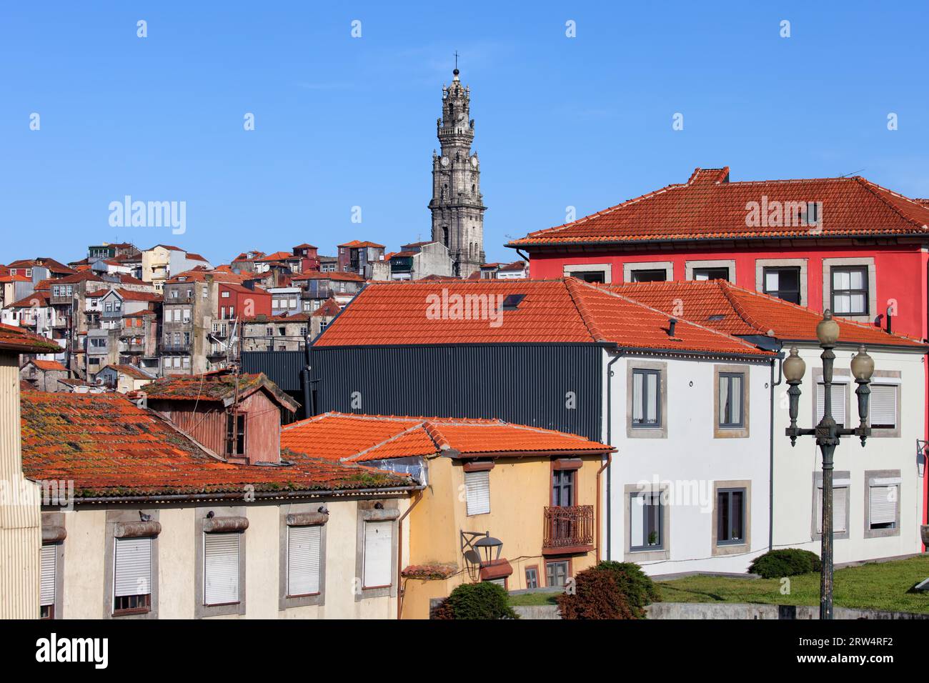 City of Porto in Portugal, Clerigos Church tower in the middle Stock Photo