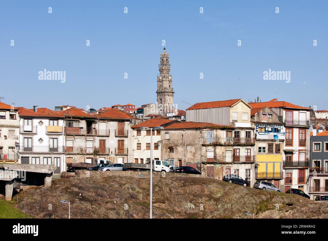 Oporto, Porto, Portugal, historic city centre skyline with Clerigos Church tower in the middle Stock Photo
