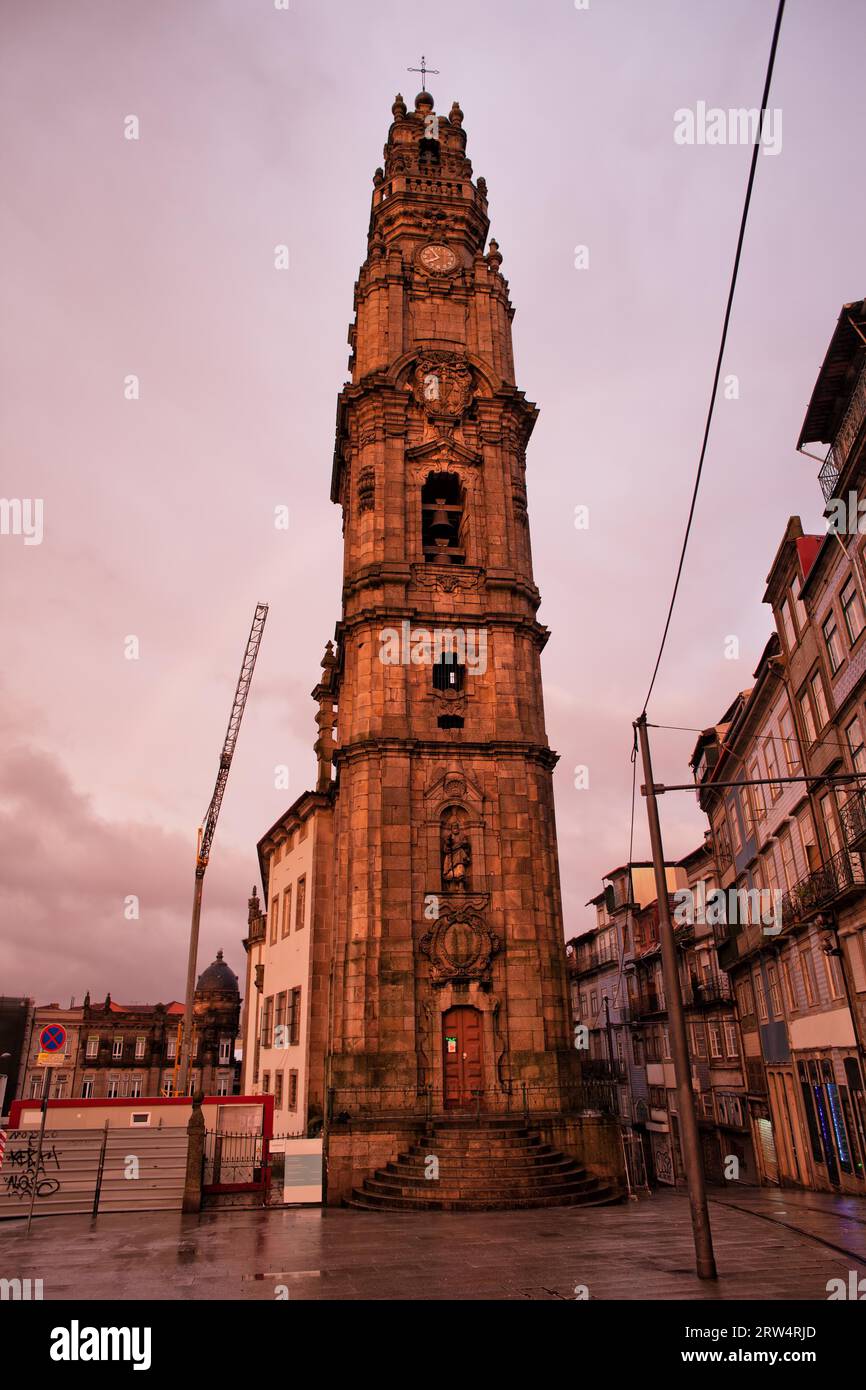 Porto in Portugal, Clerigos Church bell tower at sunset in the Old Town Stock Photo