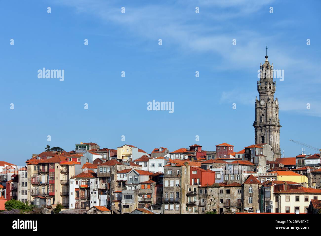 City of Porto Old Town Skyline, Clerigos Church tower on the right, traditional Portuguese houses Stock Photo