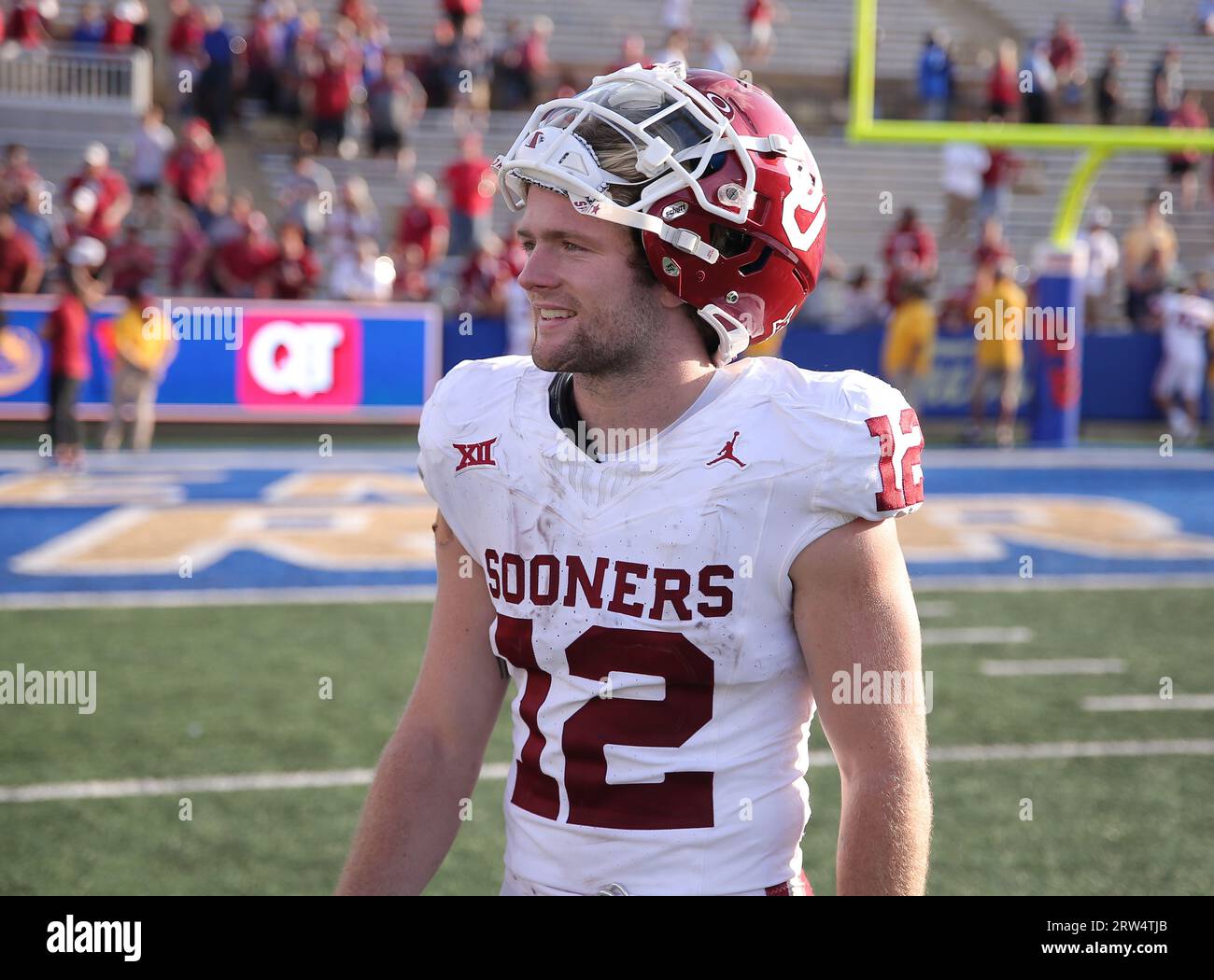 September 16, 2023:.Oklahoma Sooners wide receiver Drake Stoops (12) with a smile post game of the NCAA Football game between the Oklahoma Sooners and the Tulsa Golden Hurricane at H.A. Chapman Stadium in Tulsa, OK. Ron Lane/CSM Stock Photo