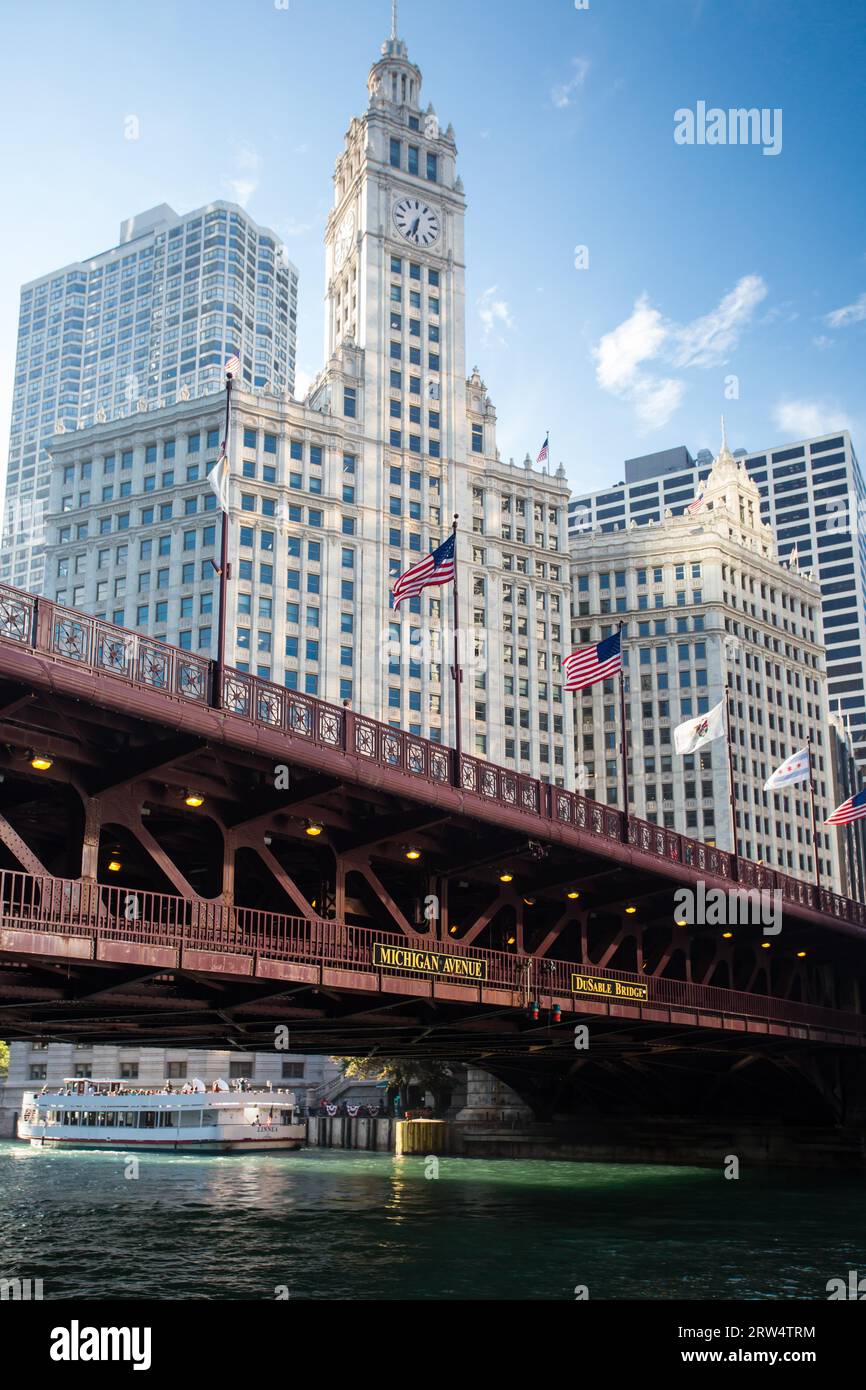 The iconic DuSable bridge and Michigan Ave in Chicago, Illinois, USA on a hot summer's day Stock Photo