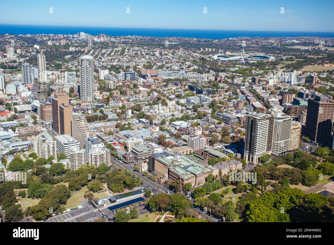An aerial view of Hyde Park and Darlinghurst on a clear sunny day in Sydney, NSW, Australia Stock Photo