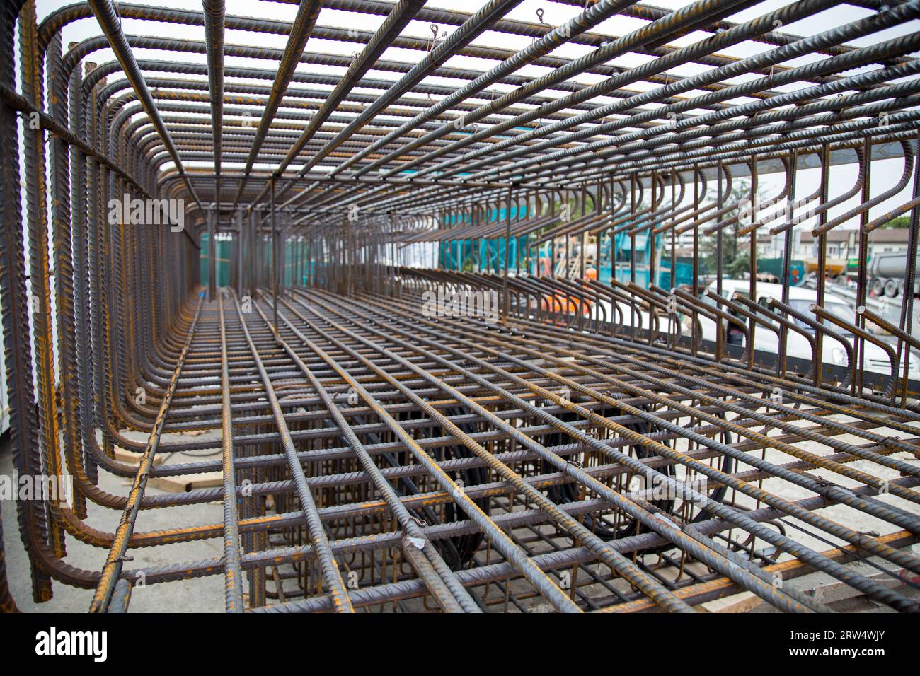 Inside view of a steel reinforcement cage used for the construction of