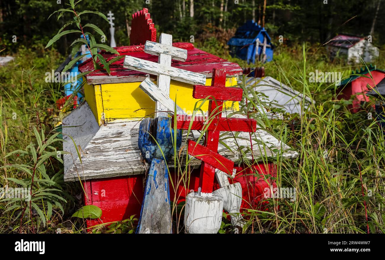 Russian Orthodox cemetery with its colourful graves in Eklutna in