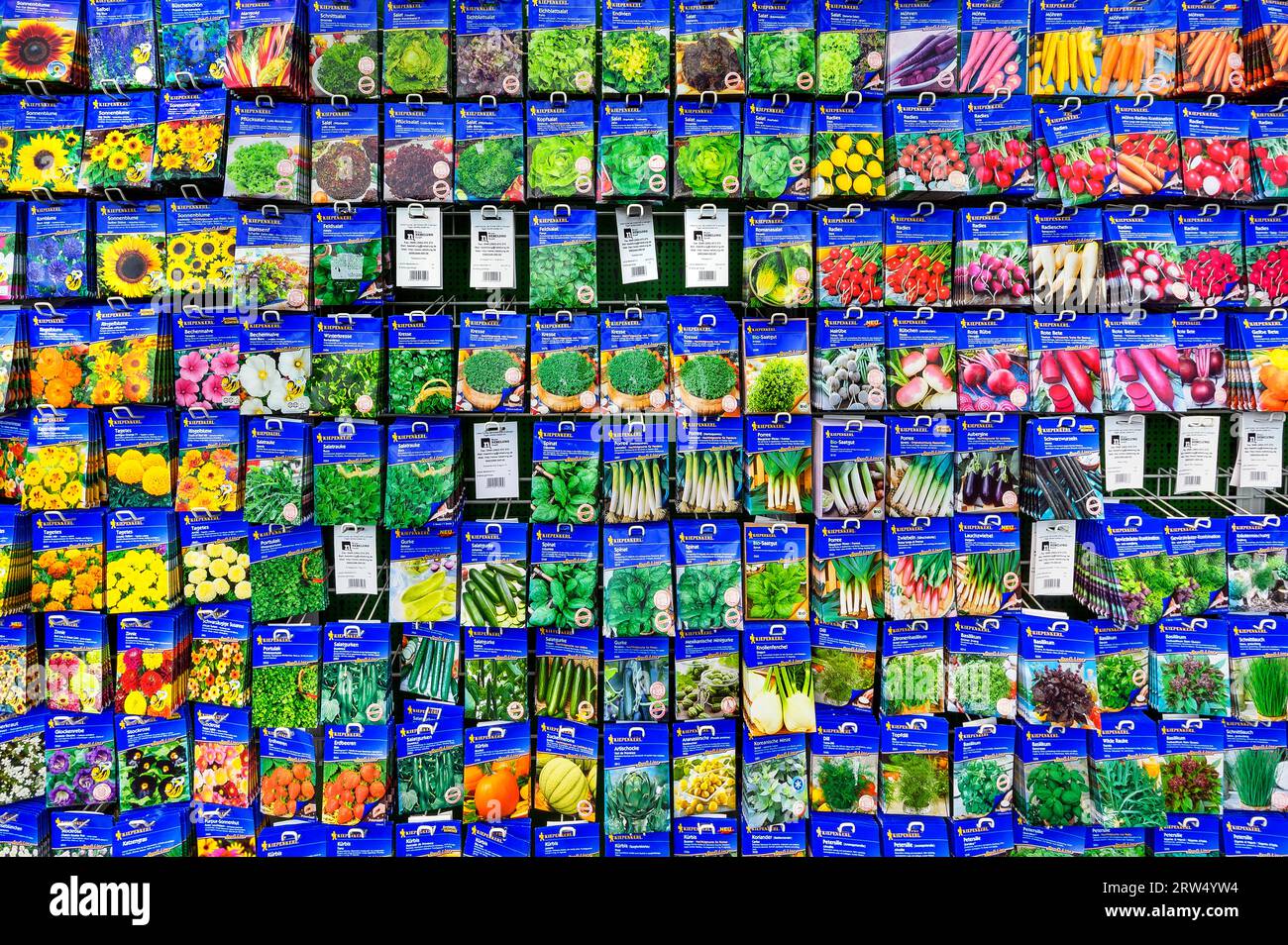 Bag of flower seeds in a garden centre, Allgaeu, Bavaria, Germany Stock