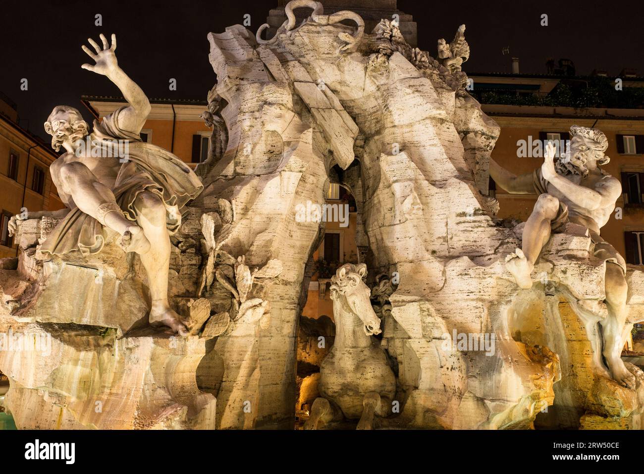 Fontana dei Quattro Fiumi, Fountain of the Four Rivers by Bernini, detail, Rio de la Plata by Francesco Baratta, left, and the Danube from Ercole Stock Photo