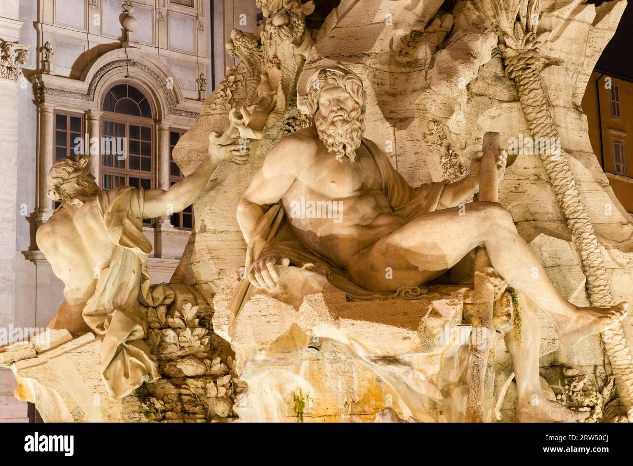 Fontana dei Quattro Fiumi, Fountain of the Four Rivers by Gian Lorenzo Bernini, detail, sculptures river god Ganges, right, and the Danube from Stock Photo