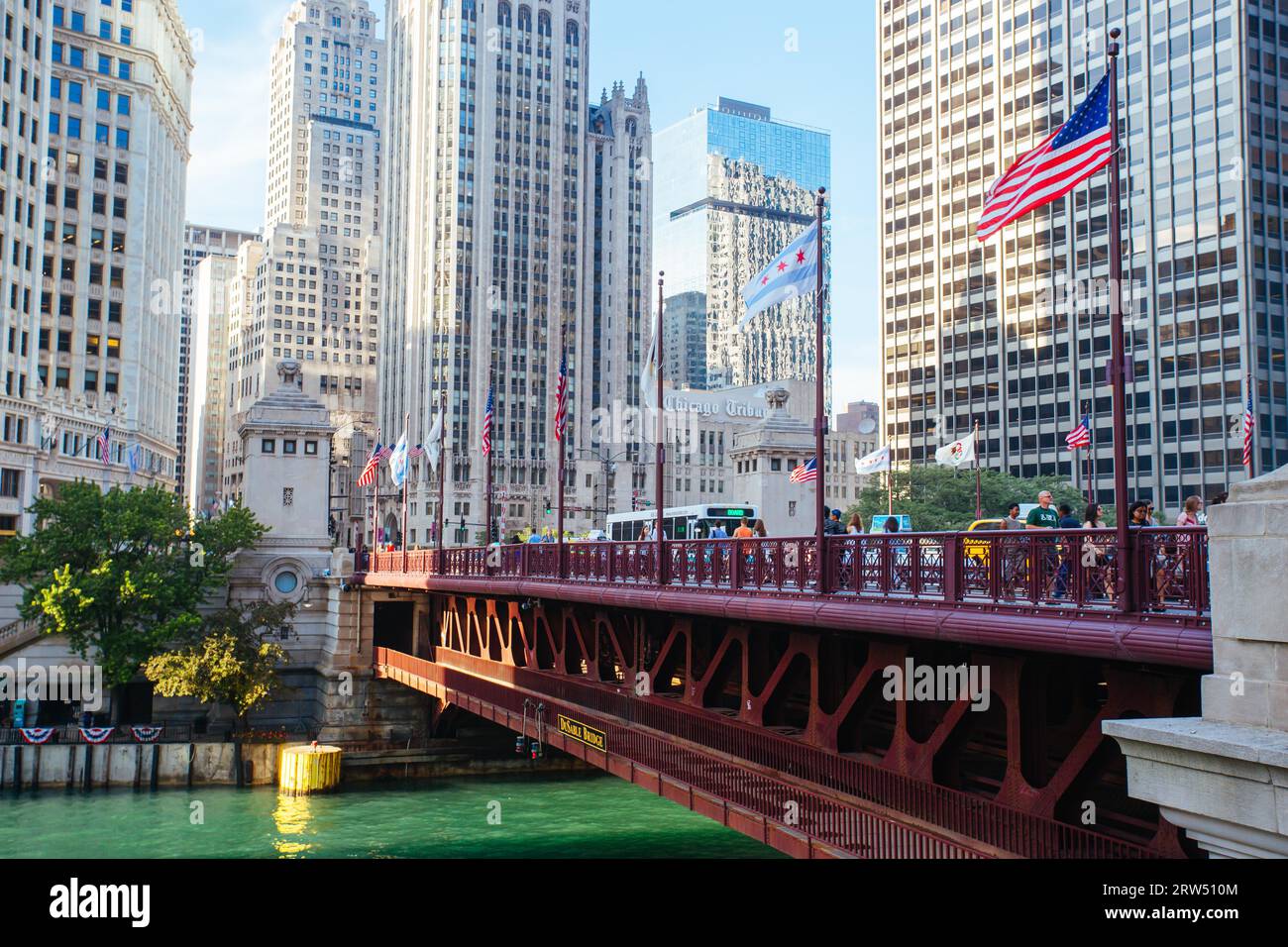 Chicago, USA, July 8th 2014: The iconic DuSable bridge and Michigan Ave in Chicago, Illinois, USA on a hot summer's day Stock Photo