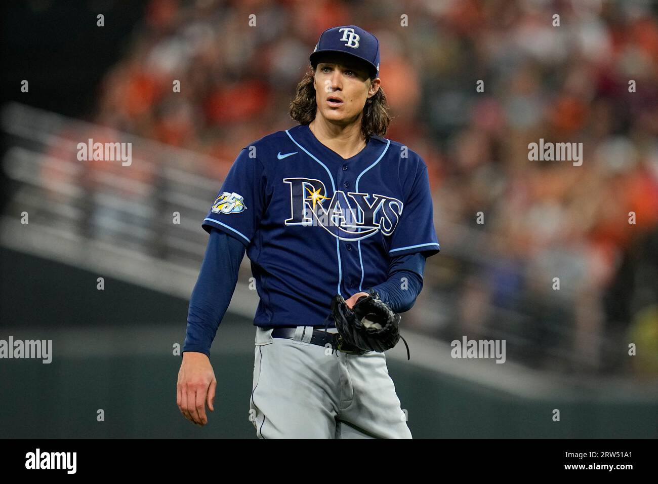Tampa Bay Rays starting pitcher Tyler Glasnow looks on in the second inning  of a baseball game between the Baltimore Orioles and the Tampa Bay Rays,  Saturday, Sept. 16, 2023, in Baltimore.