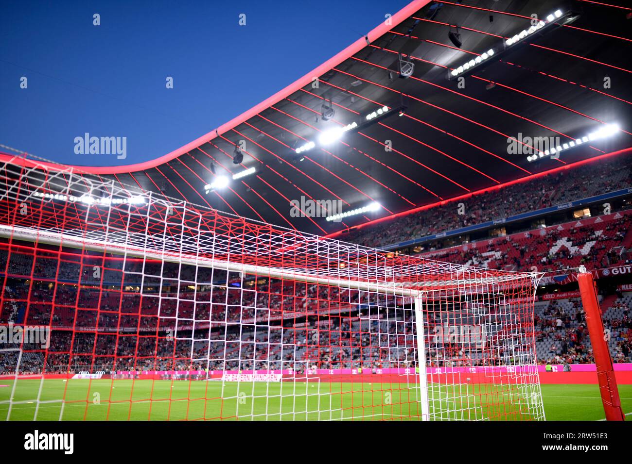 Goal net, grandstand, blue hour, Allianz Arena, Munich, Bavaria, Germany Stock Photo