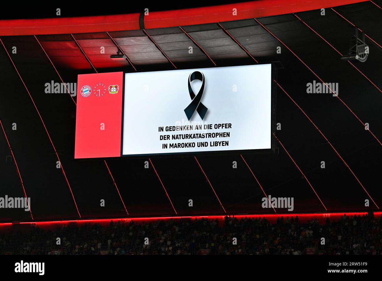 Scoreboard Minute of silence for the victims of the natural disasters in Morocco and Libya Allianz Arena, Munich, Bavaria, Germany Stock Photo