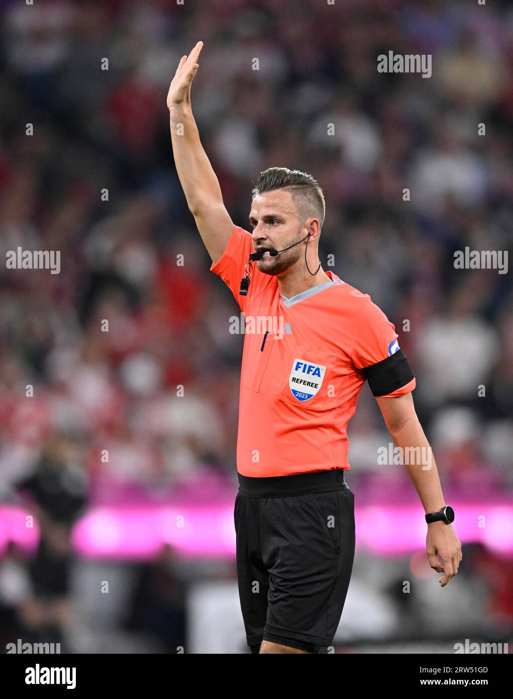 Referee Referee Daniel Schlager gesture, gestures, Allianz Arena, Munich, Bavaria, Germany Stock
