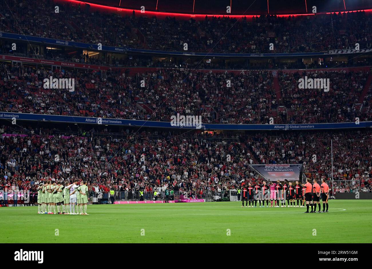 Minute of silence for the victims of the natural disasters in Morocco and Libya, FC Bayern Munich vs Bayer 04 Leverkusen, Allianz Arena, Munich Stock Photo