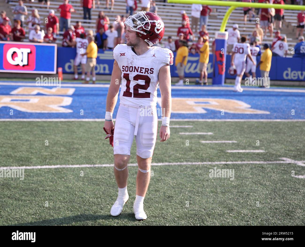 September 16, 2023:.Oklahoma Sooners wide receiver Drake Stoops (12) looks at the stands after the NCAA Football game between the Oklahoma Sooners and the Tulsa Golden Hurricane at H.A. Chapman Stadium in Tulsa, OK. Ron Lane/CSM Stock Photo