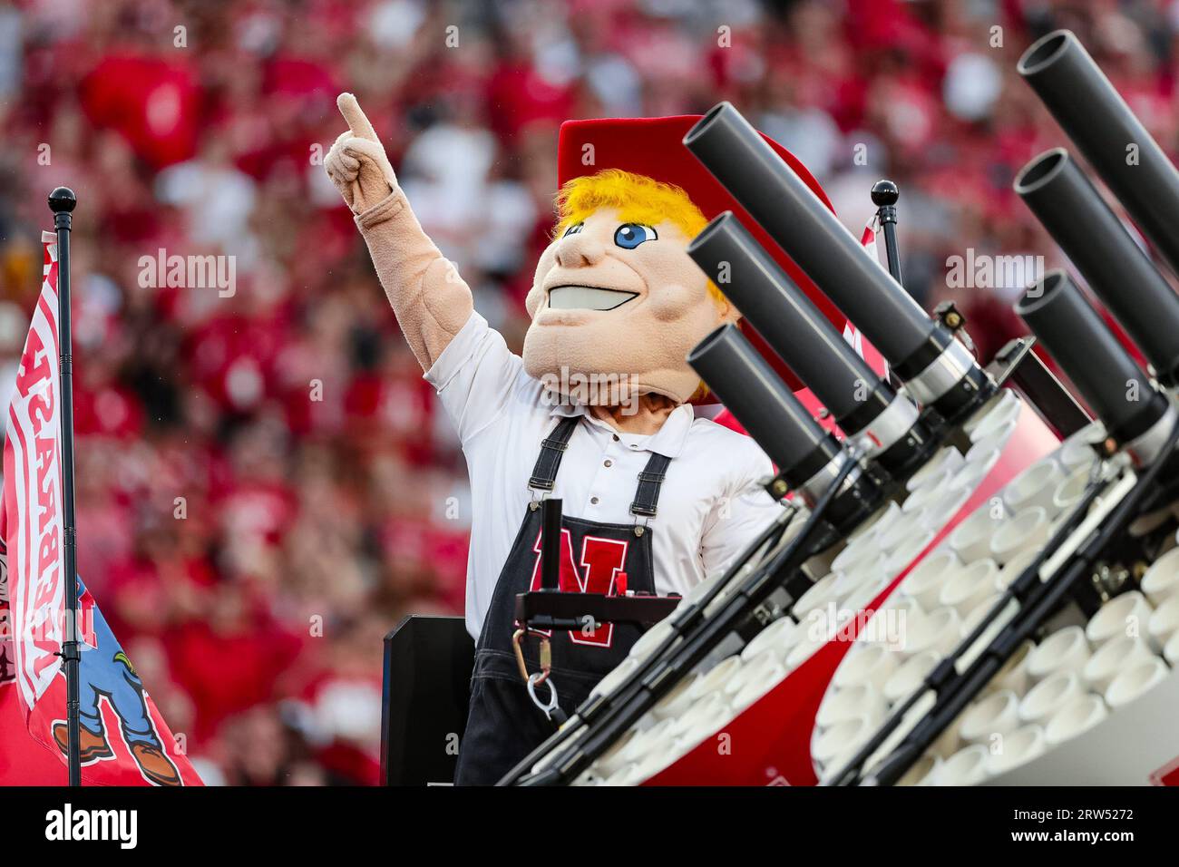 Lincoln, NE, USA. 16th Sep, 2023. NE. U.S. Nebraska mascot Herbie Husker during a NCAA Division 1 football game between Northern Illinois Huskies and the Nebraska Cornhuskers at Memorial Stadium in Lincoln, NE.Nebraska won 35-11.Attendance: 86,875.390th consecutive sellout.Michael Spomer/Cal Sport Media (Credit Image: © Michael Spomer/Cal Sport Media). Credit: csm/Alamy Live News Stock Photo