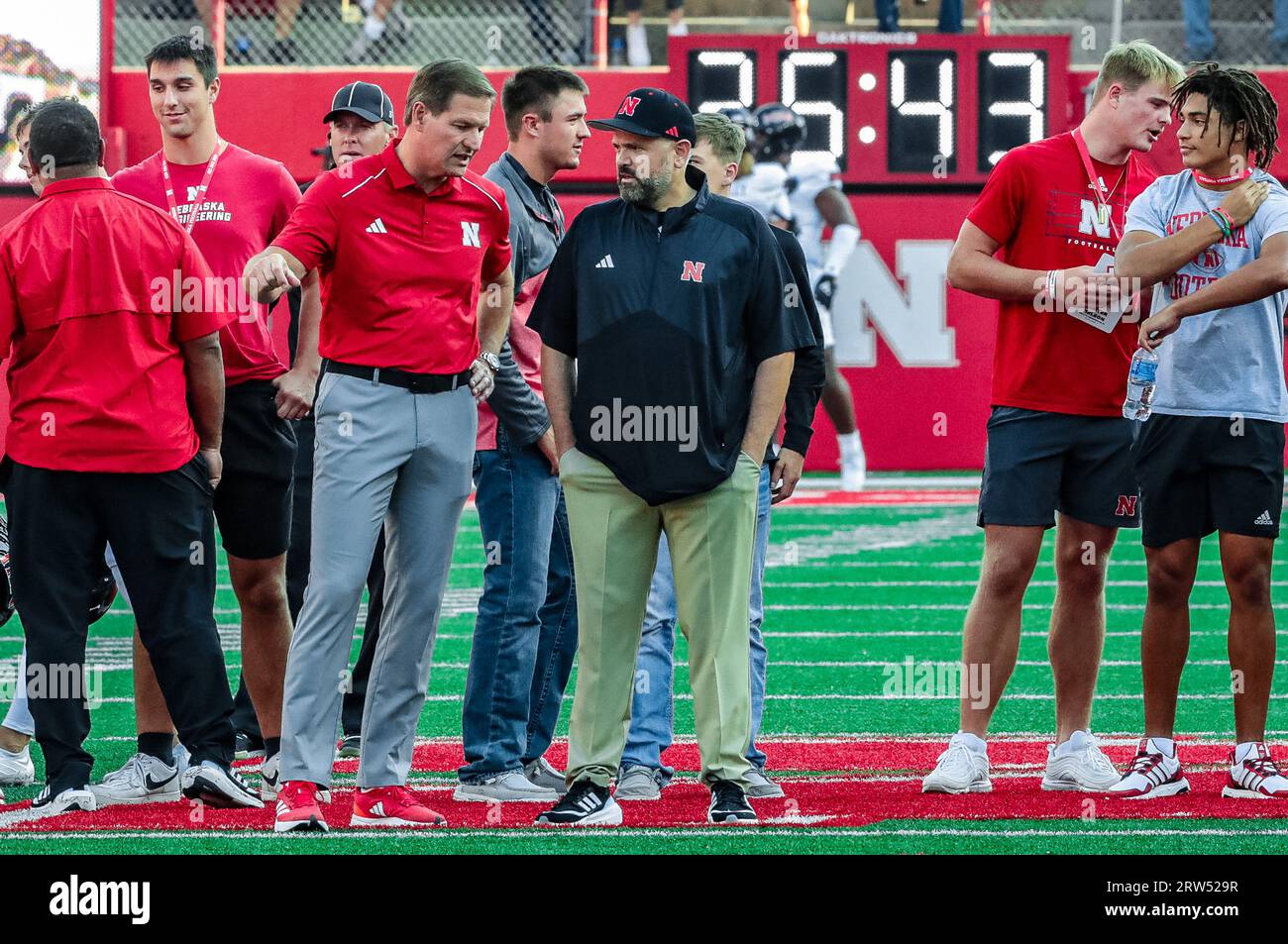 Lincoln, NE, USA. 16th Sep, 2023. NE. U.S. Nebraska head coach Matt Rhule (right) speaks with Nebraska athletic director Trev Alberts (left) before a NCAA Division 1 football game between Northern Illinois Huskies and the Nebraska Cornhuskers at Memorial Stadium in Lincoln, NE.Nebraska won 35-11.Attendance: 86,875.390th consecutive sellout.Michael Spomer/Cal Sport Media/Alamy Live News Stock Photo