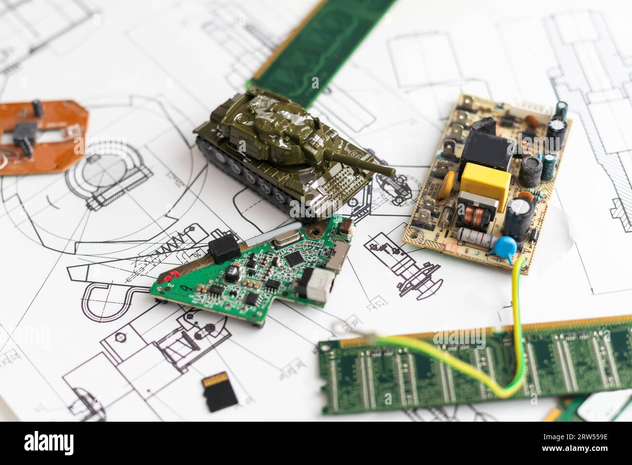 schematic diagram - design of electronic circuit and electronic board tank Stock Photo
