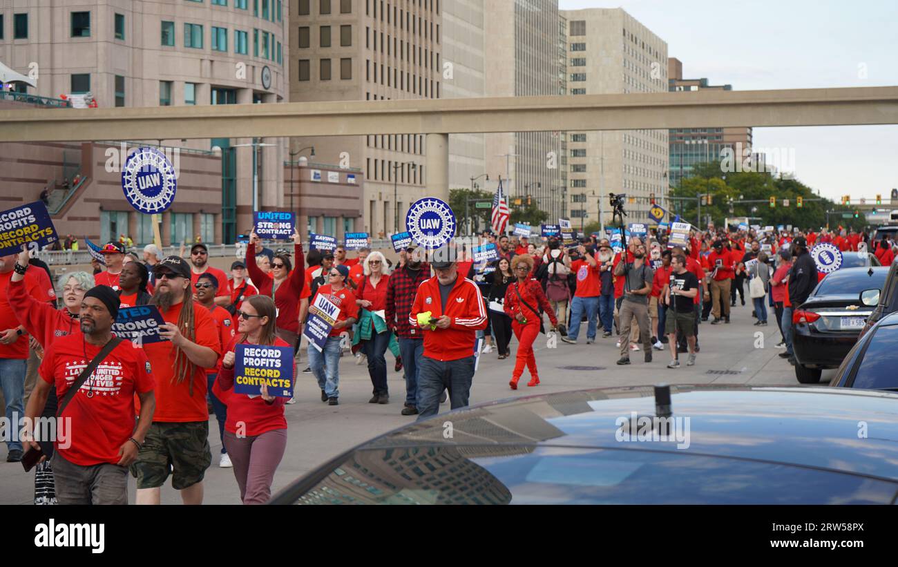 Detroit, USA. 15th Sep, 2023. Auto workers take part in a strike rally in downtown Detroit, the United States, Sept. 15, 2023. TO GO WITH 'Roundup: UAW announces start of strike at Big Three U.S. automakers' Credit: Lisa Gray/Xinhua/Alamy Live News Stock Photo