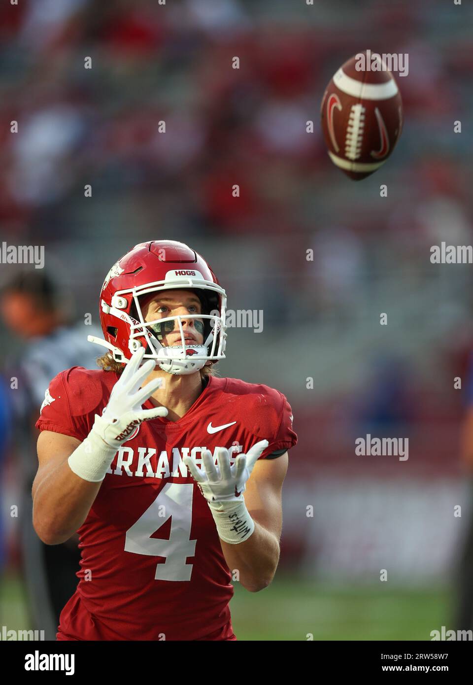 September 16, 2023 Arkansas receiver Isaac TeSlaa 4 settles under a