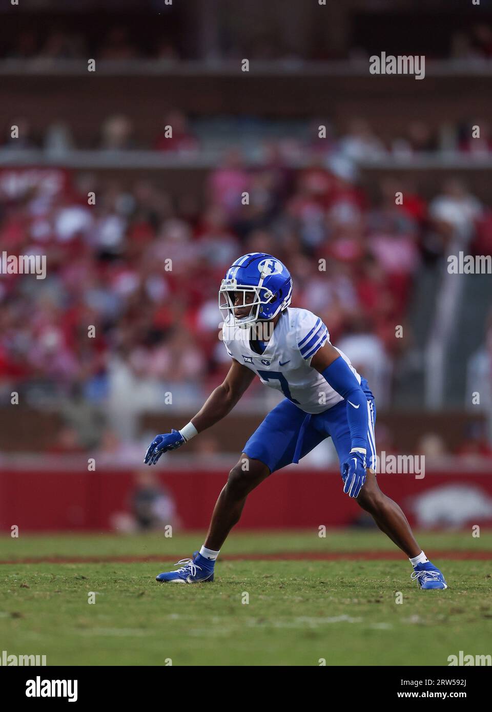 September 16, 2023: Cougars defensive back Kamden Garrett #7 watches as the play develops. BYU defeated Arkansas 38-31 in Fayetteville, AR. Richey Miller/CSM(Credit Image: © Richey Miller/Cal Sport Media) Stock Photo