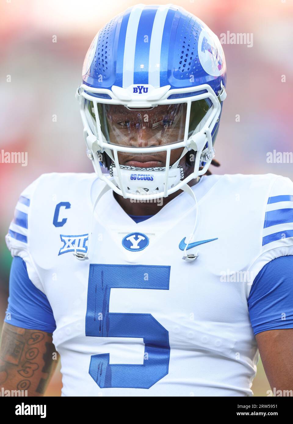 September 16, 2023: BYU defensive back Eddie Heckard #5 loosens his chain strap to cool off. BYU defeated Arkansas 38-31 in Fayetteville, AR. Richey Miller/CSM Stock Photo