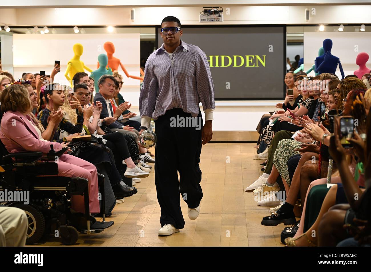 London, UK. 16th Sep, 2023. Victoria Jenkins showcases disability awareness, accessibility and inclusive design at The Unhidden show spectacle show with cheerful and confident modes at London Fashion Week at Kurt Geiger Showroom, Mountford House, Credit: See Li/Picture Capital/Alamy Live News Stock Photo