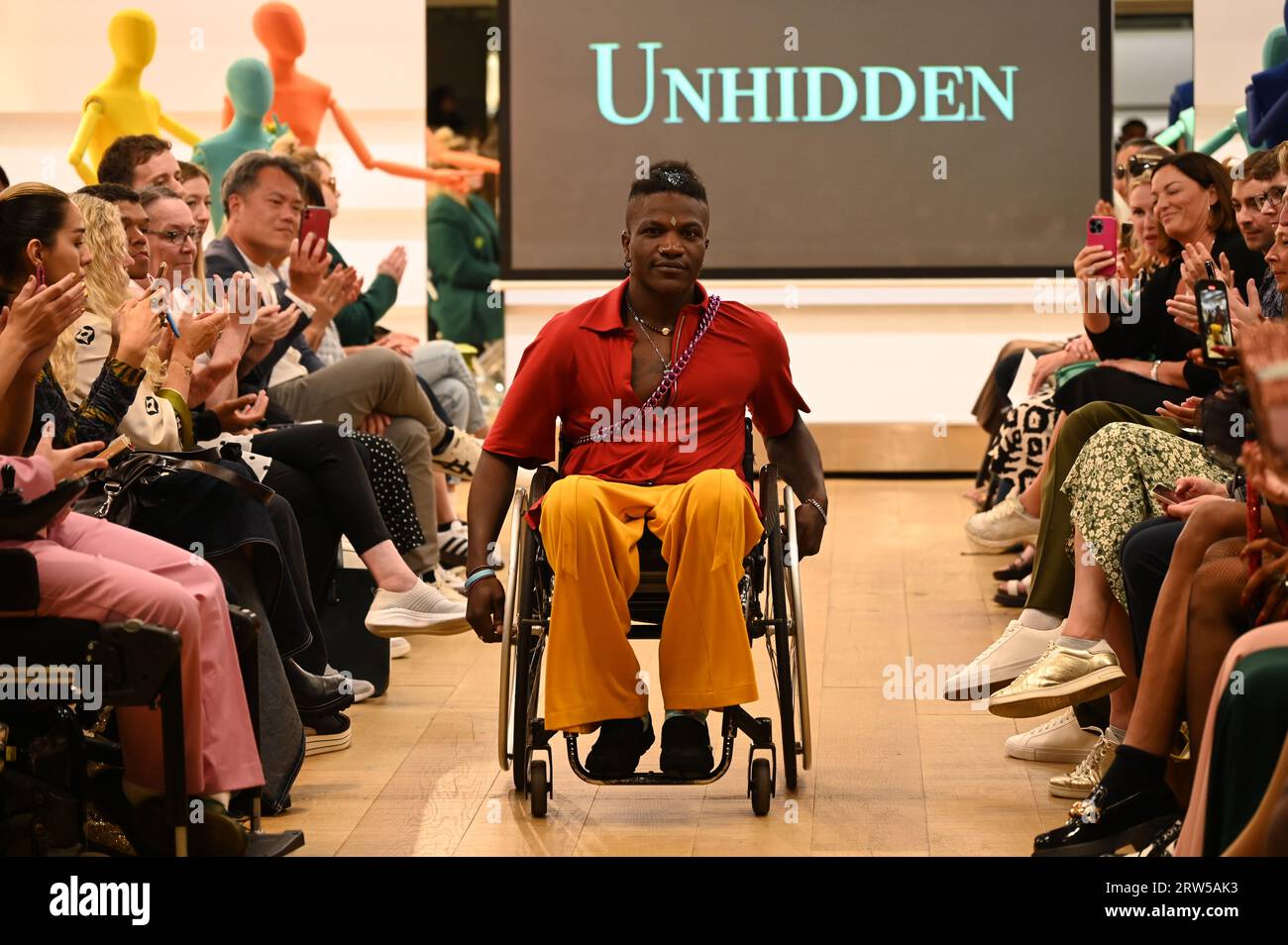 London, UK. 16th Sep, 2023. Victoria Jenkins showcases disability awareness, accessibility and inclusive design at The Unhidden show spectacle show with cheerful and confident modes at London Fashion Week at Kurt Geiger Showroom, Mountford House, Credit: See Li/Picture Capital/Alamy Live News Stock Photo