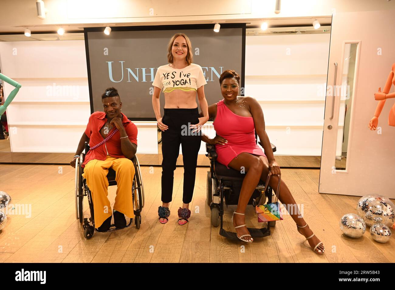 London, UK. 16th Sep, 2023. Victoria Jenkins showcases disability awareness, accessibility and inclusive design at The Unhidden show spectacle show with cheerful and confident modes at London Fashion Week at Kurt Geiger Showroom, Mountford House, Credit: See Li/Picture Capital/Alamy Live News Stock Photo