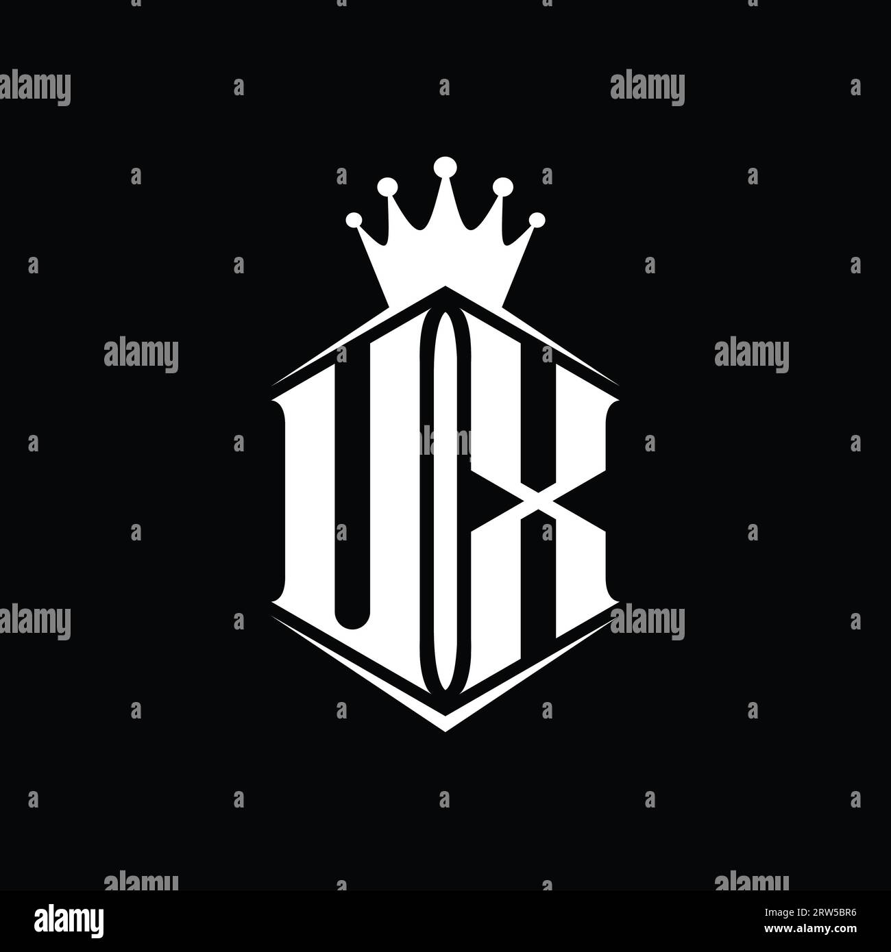 UX Letter Logo monogram hexagon shield shape crown with sharp style ...