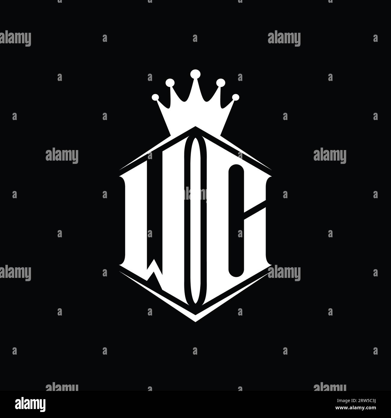 WC Letter Logo monogram hexagon shield shape crown with sharp style ...