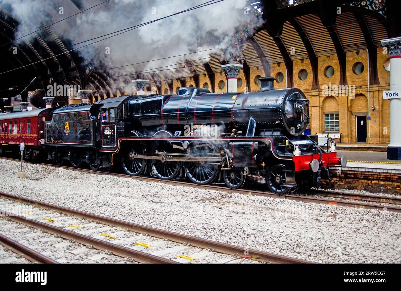 Jubilee class no 45690 Leander departing York for Scarborough