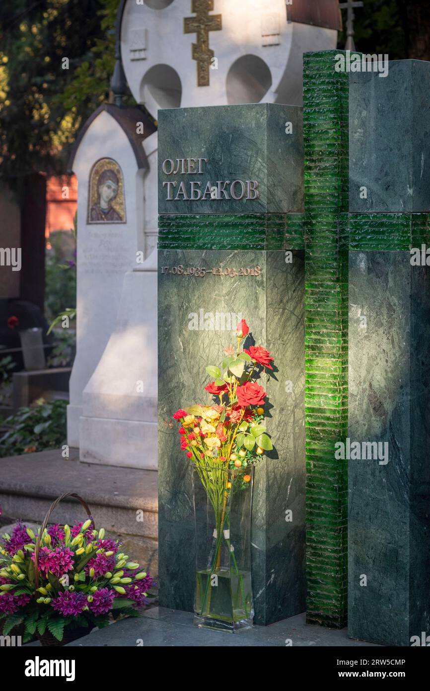 Moscow, Russia - 08.06.2023 - Memorial to the famous soviet russian artist and actor Oleg Tabakov at novodevichy cemetery Stock Photo