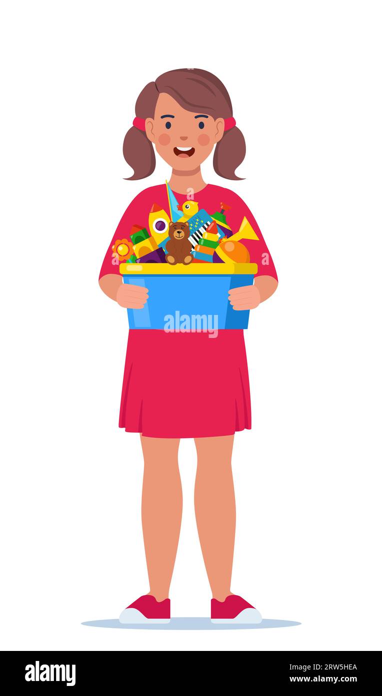 Happy girl kid holding toy box full of toys. Cubes, whirligig, duck