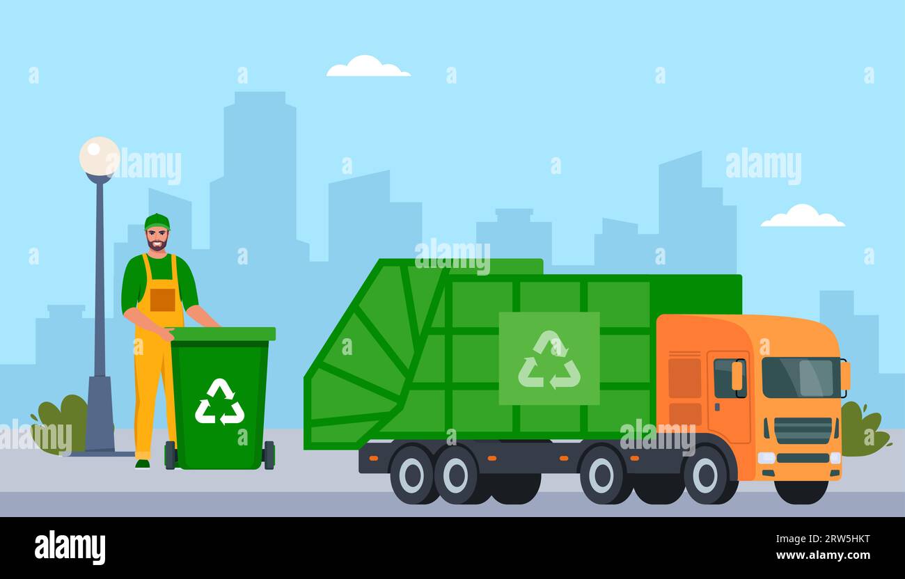 Garbage truck and sanitation worker. Garbage man in uniform with trash